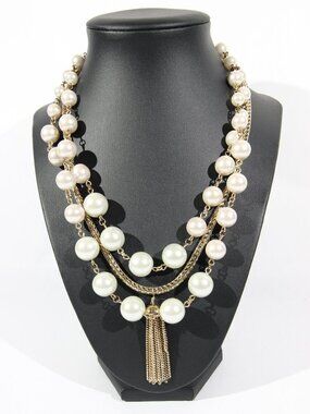 Vintage Talbots Gold-Tone Necklace with Faux Pearls and a Tassel